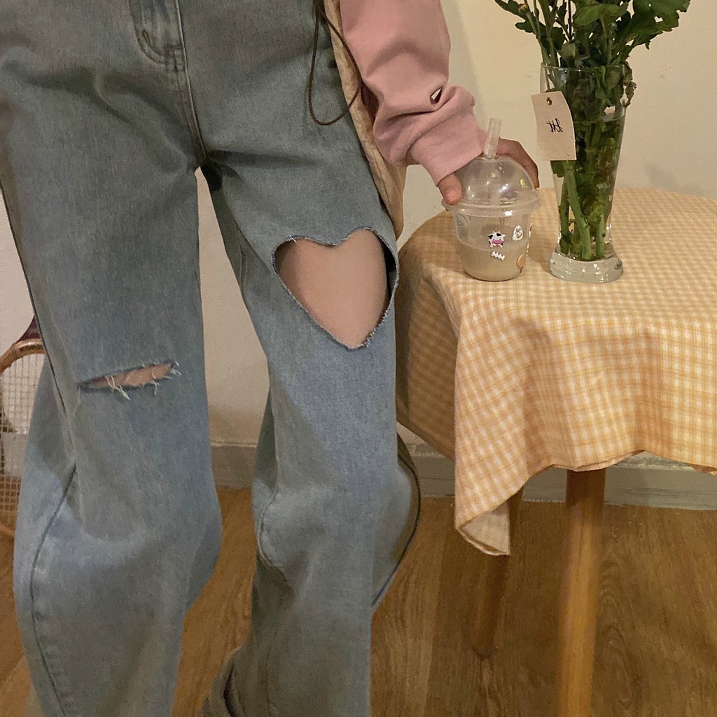 LEEVA - Quần jeans rách trái tim dáng dài cho nữ ống suông Q036