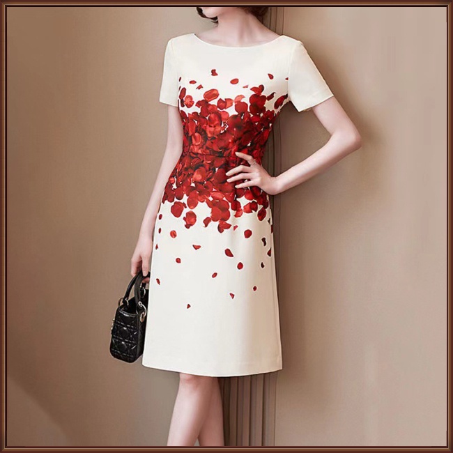 Đầm Chữ A Tay Ngắn Cổ Tròn In Họa Tiết Hoa Hồng Thời Trang Mùa Hè Cho Nữ
