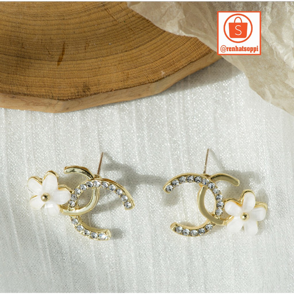 Bông tai nữ/khuyên tai nữ Hàn Quốc, phong cách double C đính đá đẹp