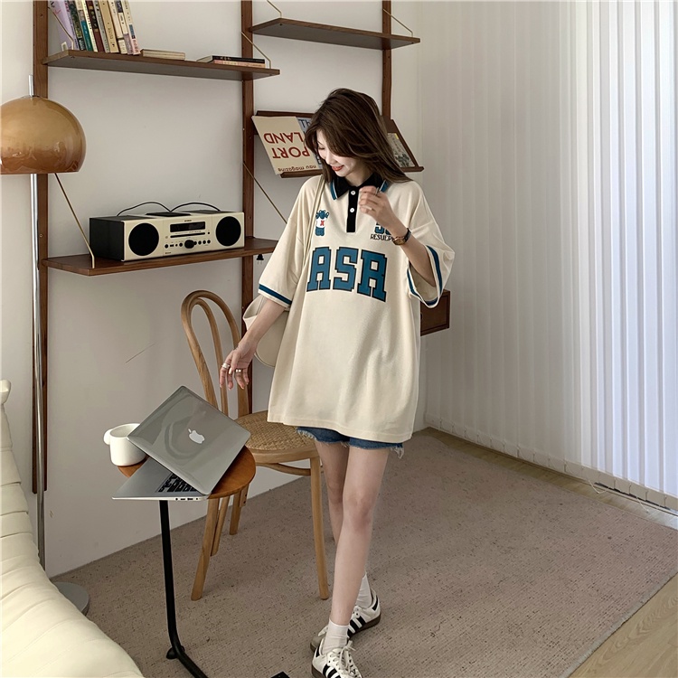 Áo polo Tay Ngắn Dáng Rộng In Chữ Phong Cách Retro Thời Trang Mùa Hè Cho Nữ