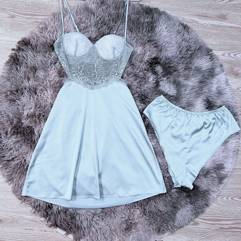 Đầm ngủ nữ sexy  váy ngủ phối ren bụng gợi cảm lụa latin cao cấp (tặng kèm quần nữ)