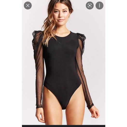 Bodysuits đen tay dài phối voan lưới đen f21 vnxk bodysuit sheer long sleeves forever 21 xuất khẩu dư xịn | BigBuy360 - bigbuy360.vn