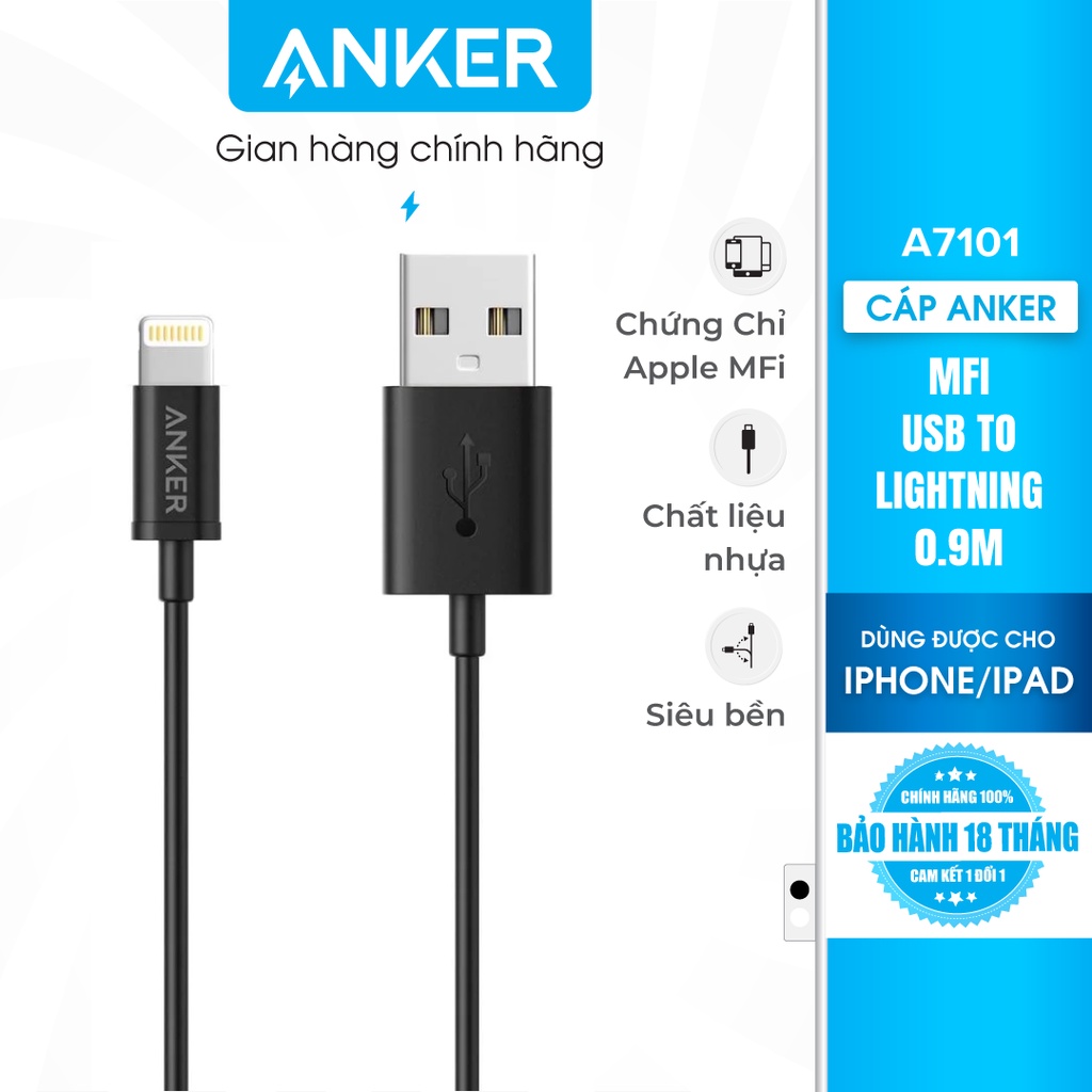 Cáp sạc ANKER MFI Lightning dài 0.9m dành cho iPhone - A7101
