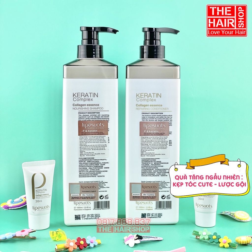 Cặp Dầu Gội Xả P Keratin Collagen Lipesuots 1000ML,kich thích mọc tóc, ngăn gãy rụng giảm tình trạng gàu ngứa