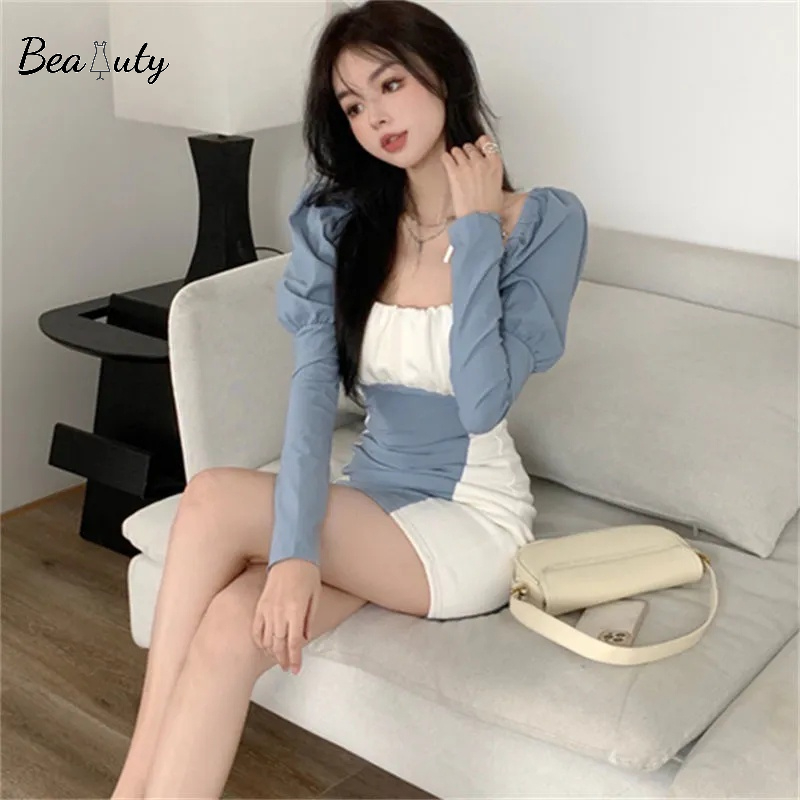 Đầm MURIOKI cổ vuông tay dài phồng ôm dáng phong cách Hàn Quốc thời trang dành cho nữ
