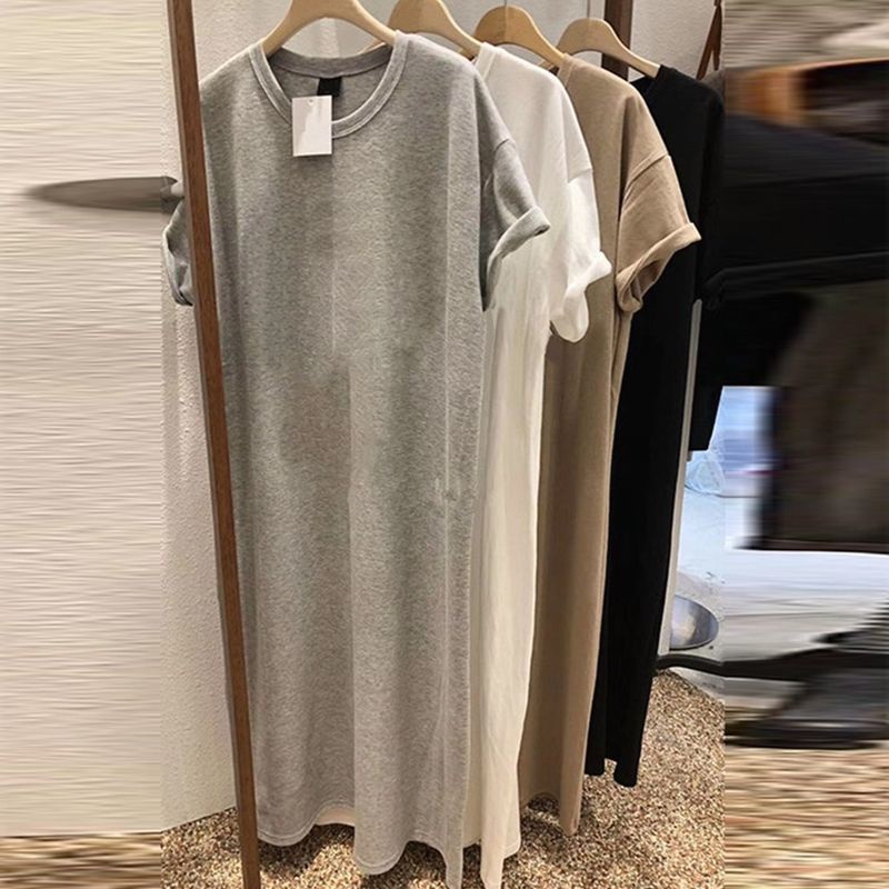 Đầm Thun Dáng Dài Rộng Tay Ngắn Cổ Tròn Màu Trơn Có Size Lớn 300 Jin Dành Cho Nữ