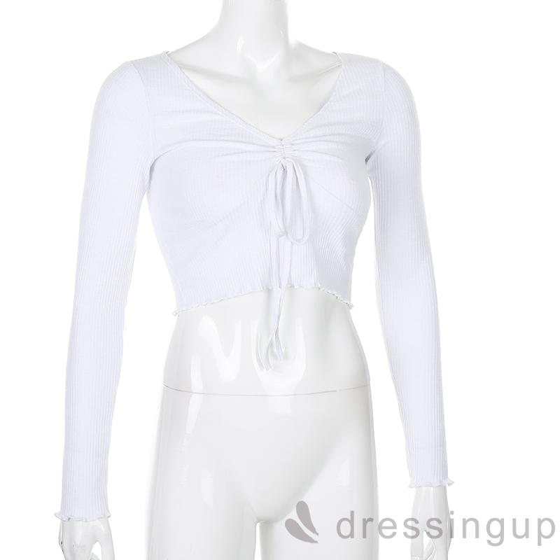 Áo Crop Top Nữ Tay Dài Cổ Chữ V Rút Dây Gợi Cảm | BigBuy360 - bigbuy360.vn