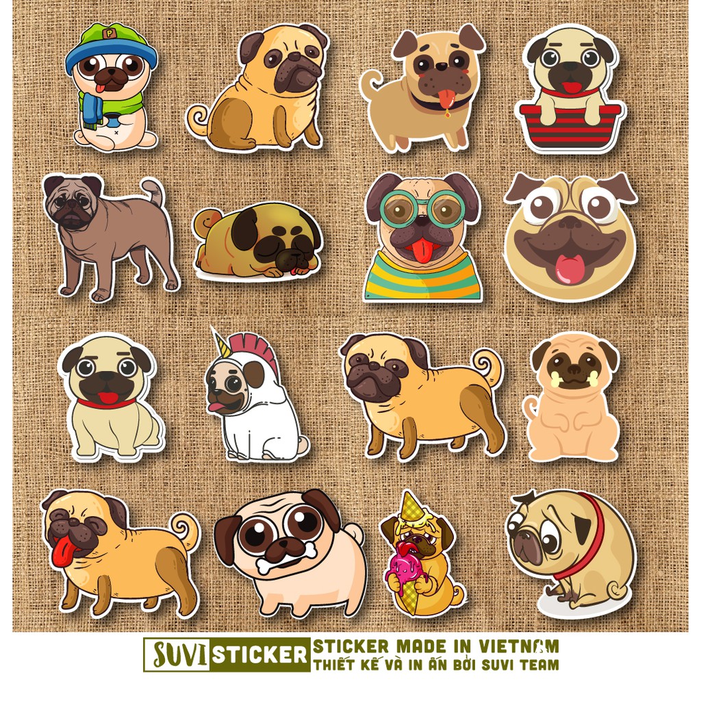 50 Sticker Chó Pug chống nước sticker dán laptop, điện thoại, đàn guitar, mũ bảo hiểm, vali. MSP: SV129
