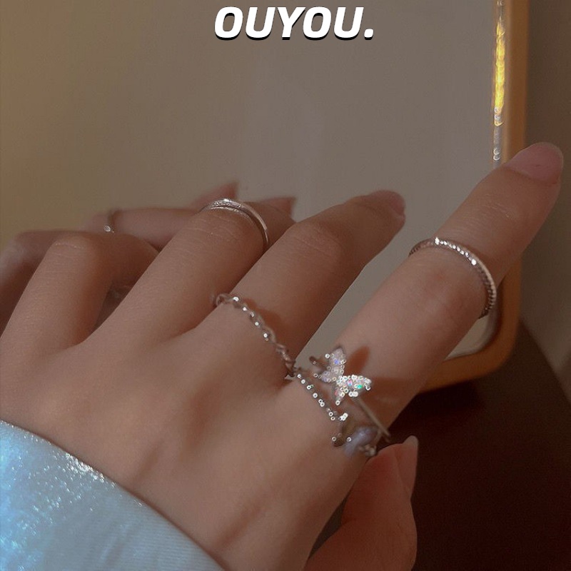 Bộ 4 nhẫn hợp kim một lớp và hai lớp trang trí bươm bướm phong cách Hàn Quốc thời trang cho nữ OUYOU