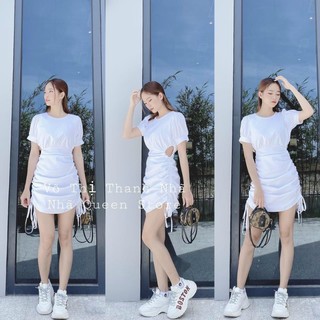 Đầm body tay ngắn rút dây khoét hông