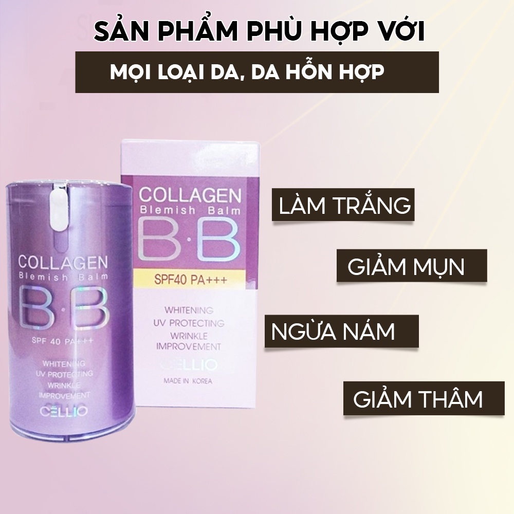 Kem nền trang điểm chống nắng BB Cream Collagen Cellio SPF 40 PA++ Hàn Quốc giúp da trắng sáng chống nhăn chống lão hóa