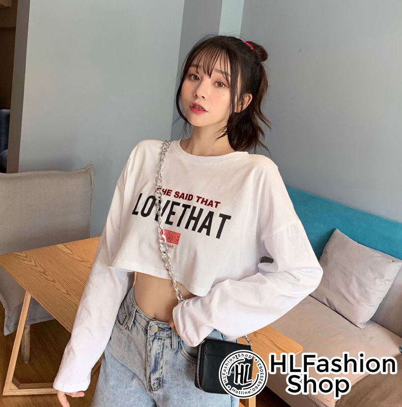 Áo thun croptop nữ tay dài Love That, áo thun nữ HLFashion