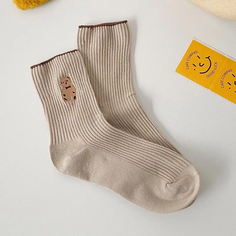 Vớ Cotton Cổ Cao Họa Tiết Kẻ Sọc Màu Trơn In Hình Gấu Hoạt Hình Dễ Thương Thời Trang Mùa Đông Cho Nữ