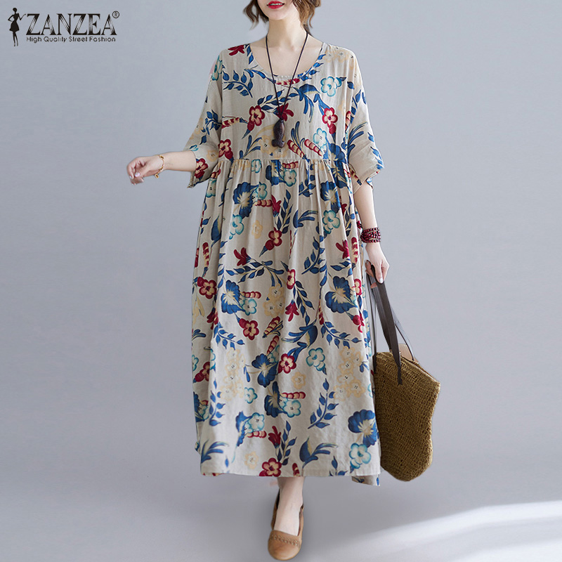 Đầm Maxi Retro ZANZEA Tay Dài In Họa Tiết Vintage Cho Nữ Mặc Thường Ngày