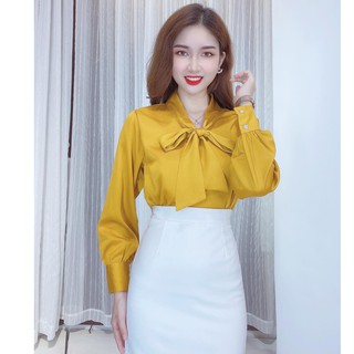 Áo sơ mi lụa trơn nơ tay dài CHUU A5236