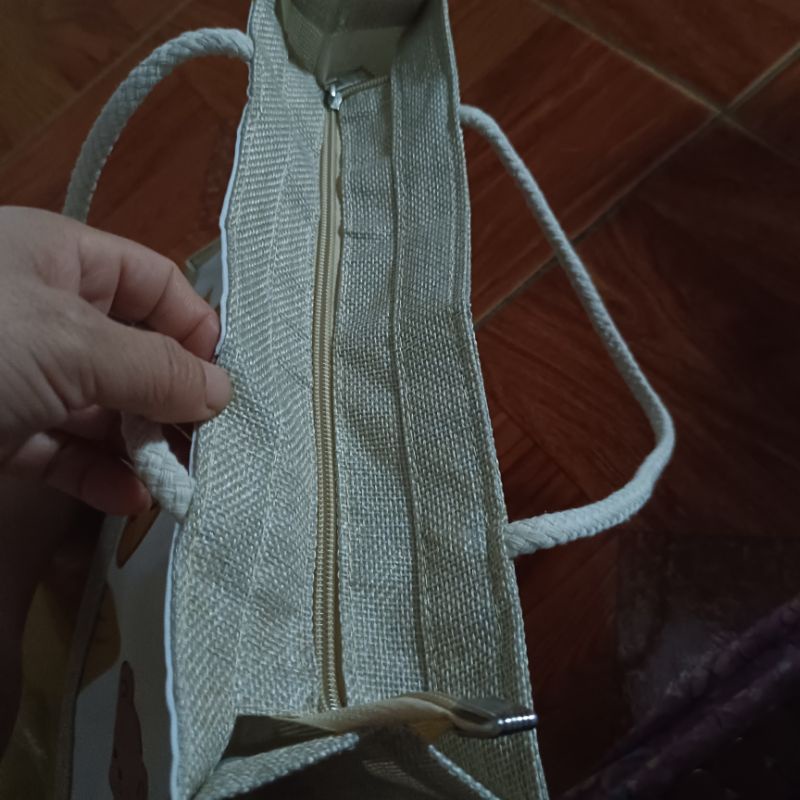 túi cói tote phối vải hoạ tiết 3d có khoá kéo