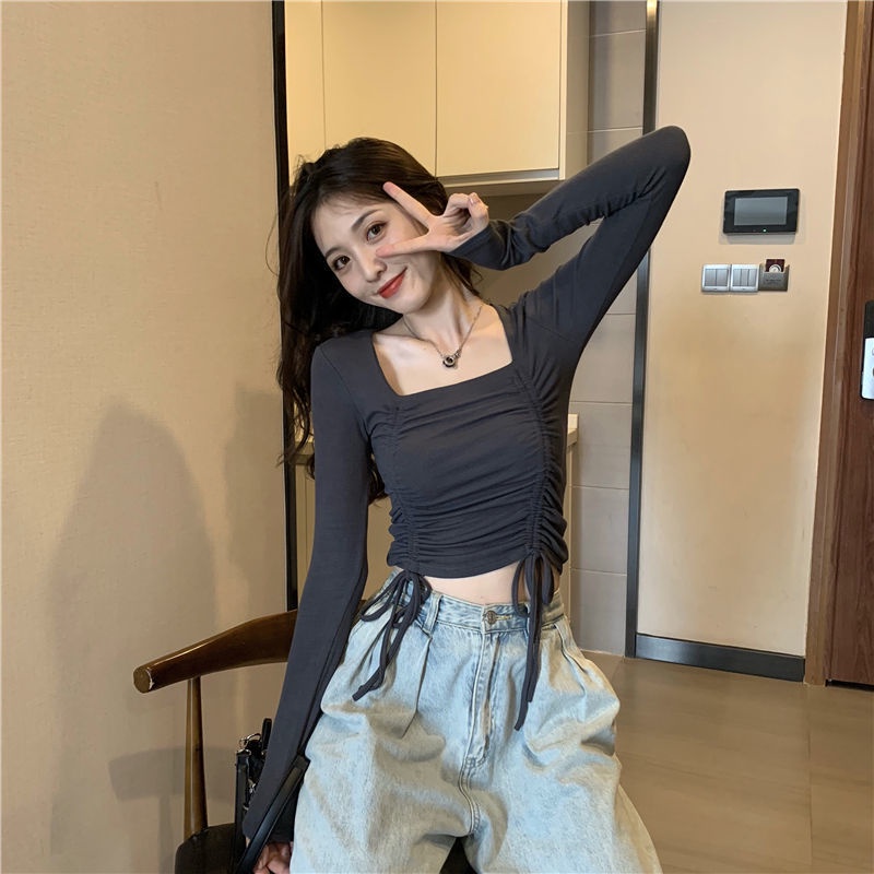 Áo thun COZOK dài tay cổ vuông thiết kế dây rút xếp ly xinh xắn