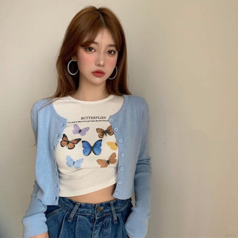 Áo Thun Tay Ngắn In Hình Bướm Thời Trang Hàn Quốc Cho Nữ