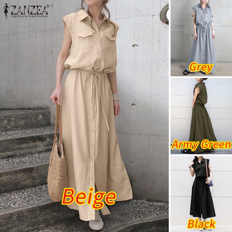 Đầm dài ZANZEA dài dây rút không tay thời trang đường phố mùa hè cho nữ