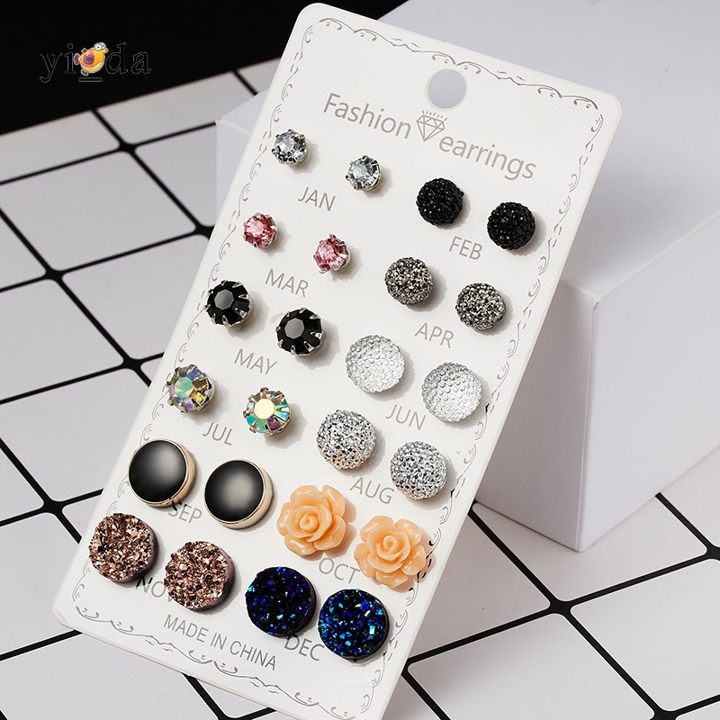 Set 12 Đôi Khuyên Tai Thẻ Tròn Đính Đá Nhiều Màu Thời Trang Cho Nữ