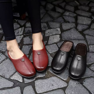 Sục da nữ - giày lười hở gót thời trang phong cách Hàn Quốc, siêu êm, chống trơn trượt cho phụ nữ trung niên LIG010