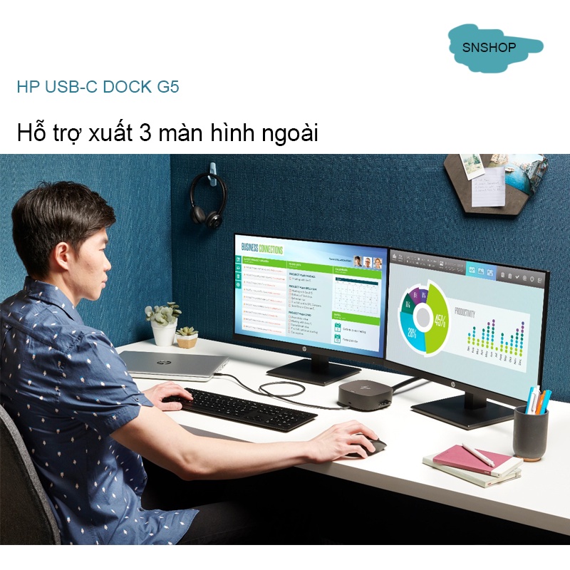 Hub HP Usb-C Dock G5-Xuất 3 Màn Hình 4k Ngoài Riêng Biệt, Thêm Cổng Kết Nối Cho Laptop Window, Chrome, M.ac