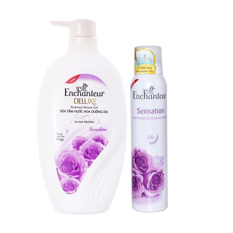 Combo sữa tắm dưỡng da hương nước hoa Enchanteur 650g và Xịt khử mùi 150ml