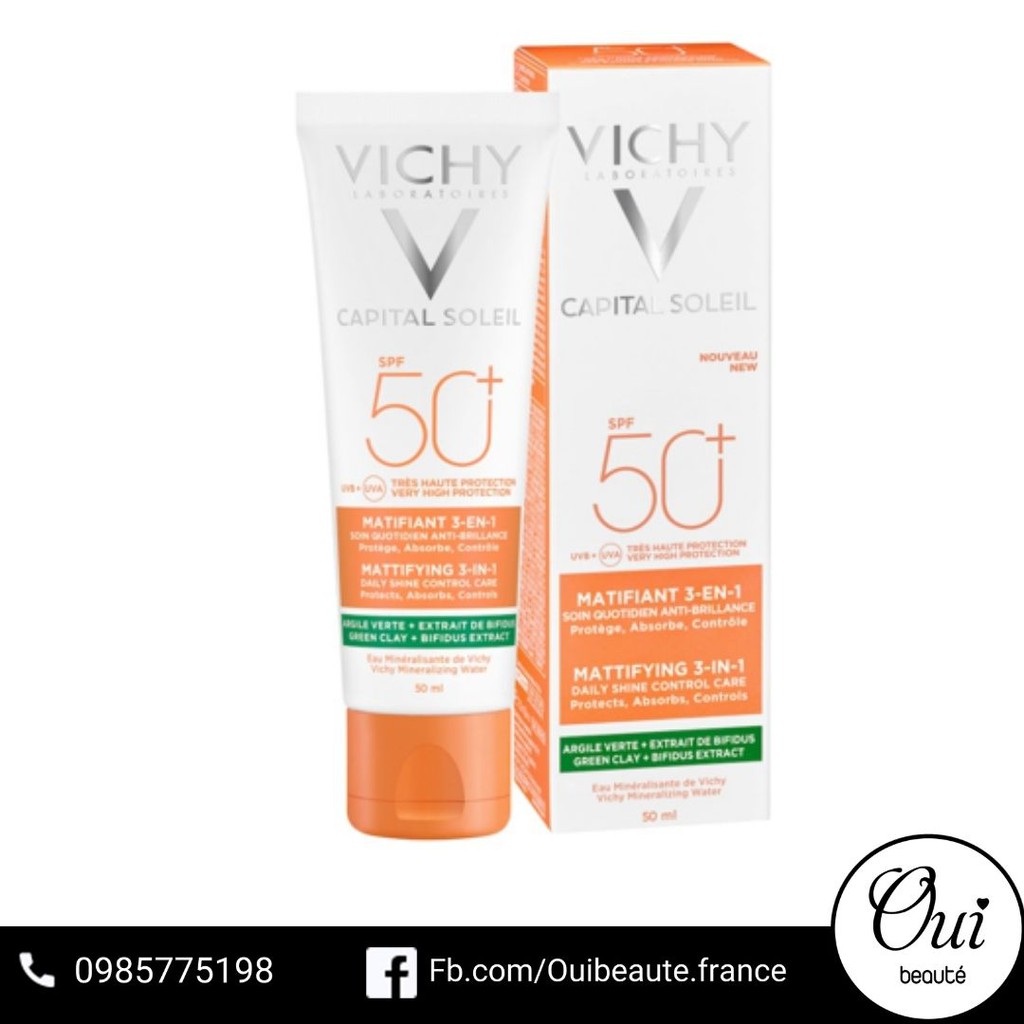 Kem chống nắng Vichy Capital Soleil SPF 50+ Matifiant 3en1 50ml, kem chống nắng kiềm dầu chống bụi mịn Ouibeaute