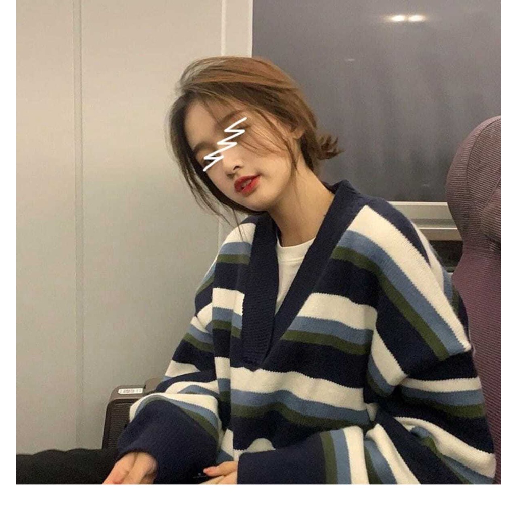 Áo len tay dài cổ chữ v họa tiết kẻ sọc trẻ trung