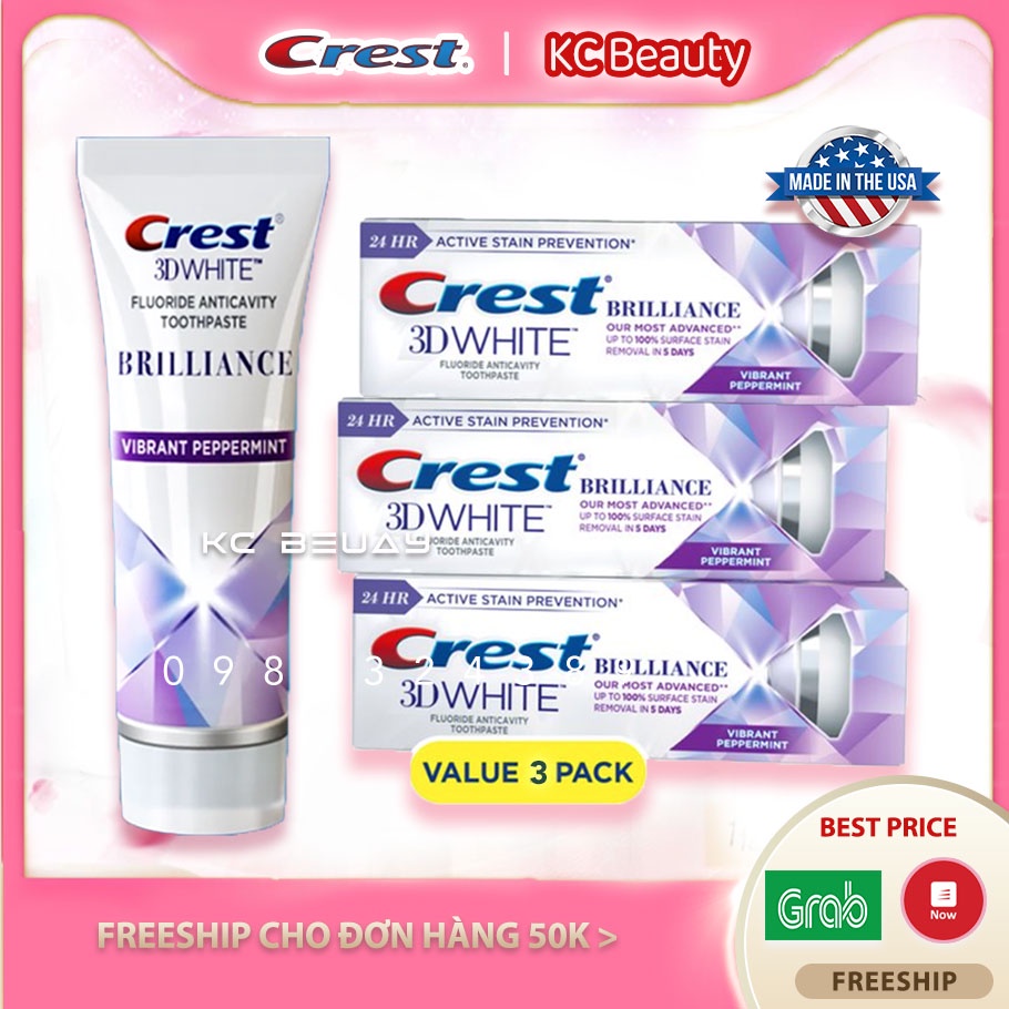 Combo 3 kem đánh răng Crest 3D White Brillance 110g của Mỹ - Hỗ trợ làm trắng răng loại bỏ vết ố vàng