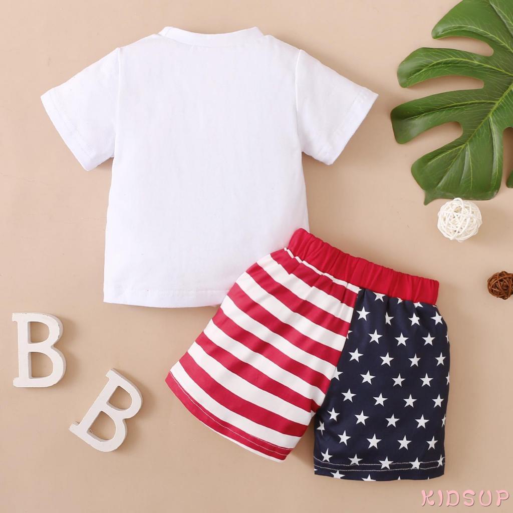 Set Áo Thun Tay Ngắn In Hình Lá Cờ Mỹ Kèm Quần Ngắn Lưng Thun Thời Trang Mùa Hè Cho Bé Trai