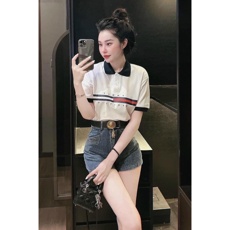 [HÌNH THẬT] ÁO THUN CỔ TRỤ TOMMY TRẮNG CỔ XANH VNXK   - COTTON CÁ SẤU 100%