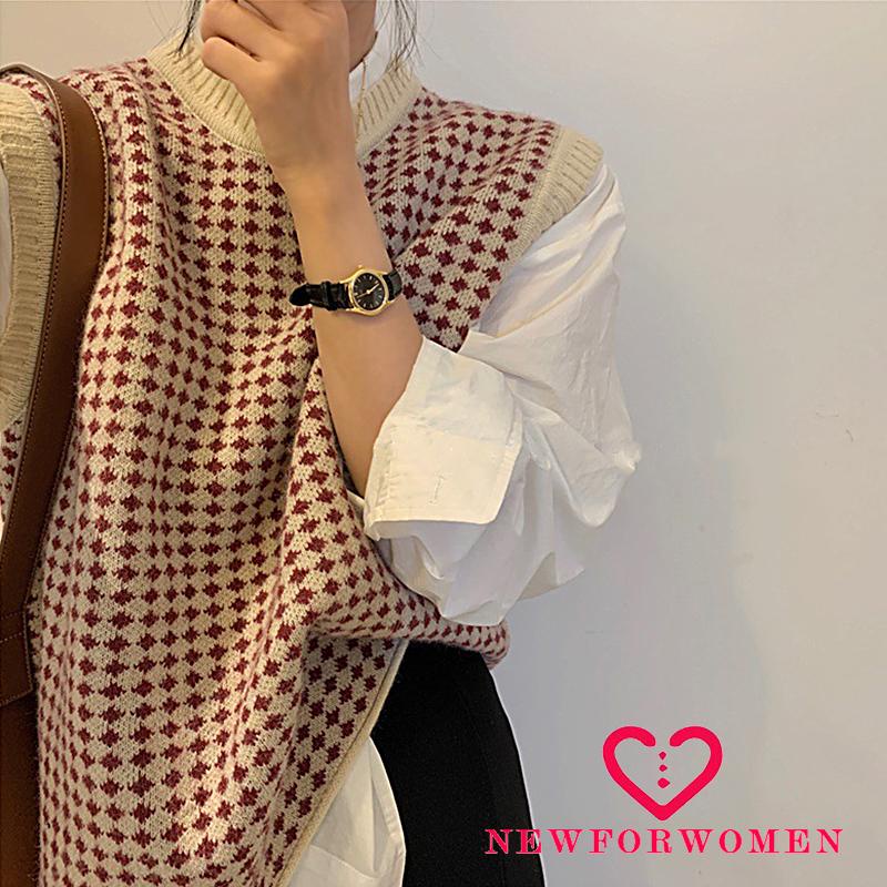 Áo Dệt Kim Sát Nách Cổ Tròn Dáng Rộng Màu Sắc Tương Phản Thời Trang Mùa Thu Cho Nữ