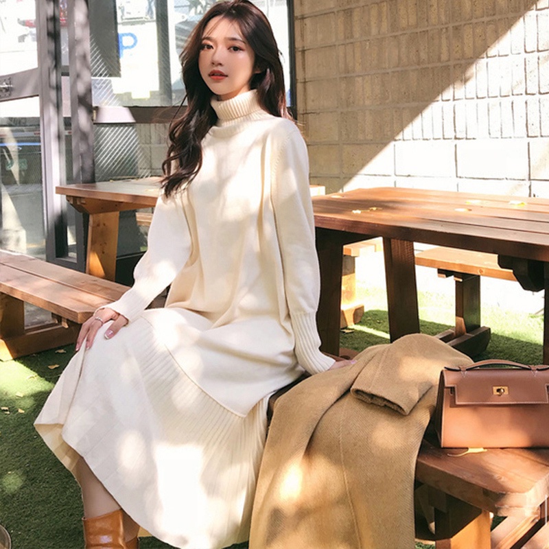 Đầm Sweater Dệt Kim Tay Dài Cổ Lọ Thiết Kế Mới Thời Trang Mùa Thu Đông Dành Cho Nữ