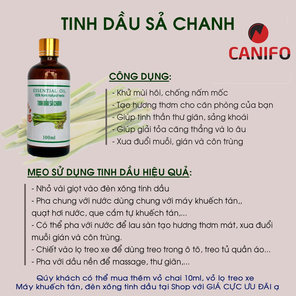 [100ML] Tinh Dầu Thiên Nhiên CANIFO - Hàng Chính Hãng, Sả chanh, Hoa hồng, Quế, Hoa Nhài, Cafe, Xả chanh, Bạc hà, Bưởi