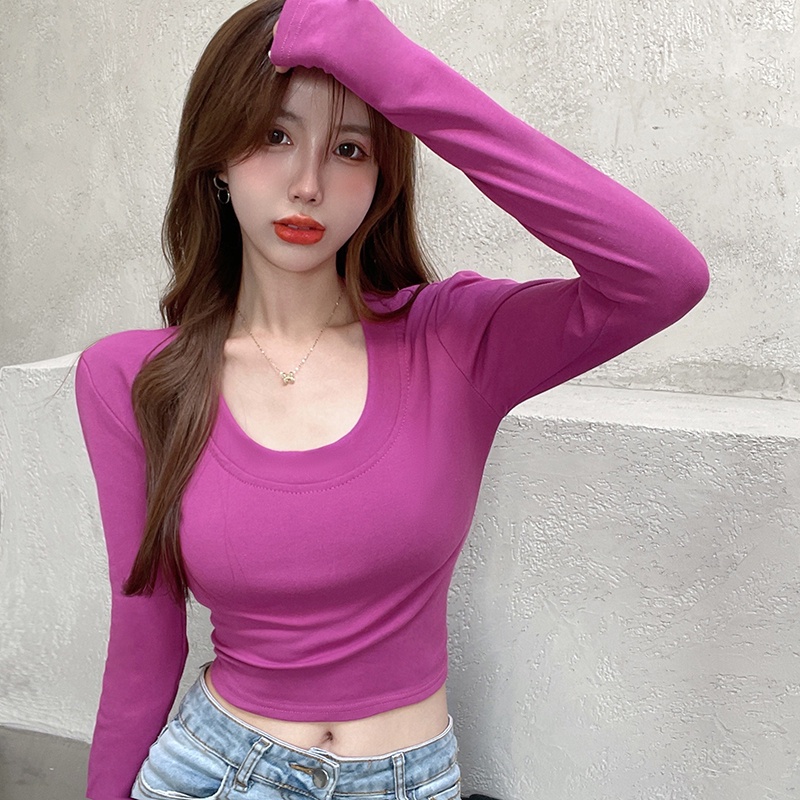 Áo Croptop Tay Dài Cổ Chữ U Màu Sắc