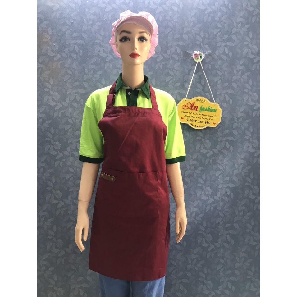 Tạp dề đẹp kaki phối Da Đỏ Đô, Tạp dề pha chế Tạp dề cafe Tạp dề phục vụ, caffe gia đình-Hình chụp thật