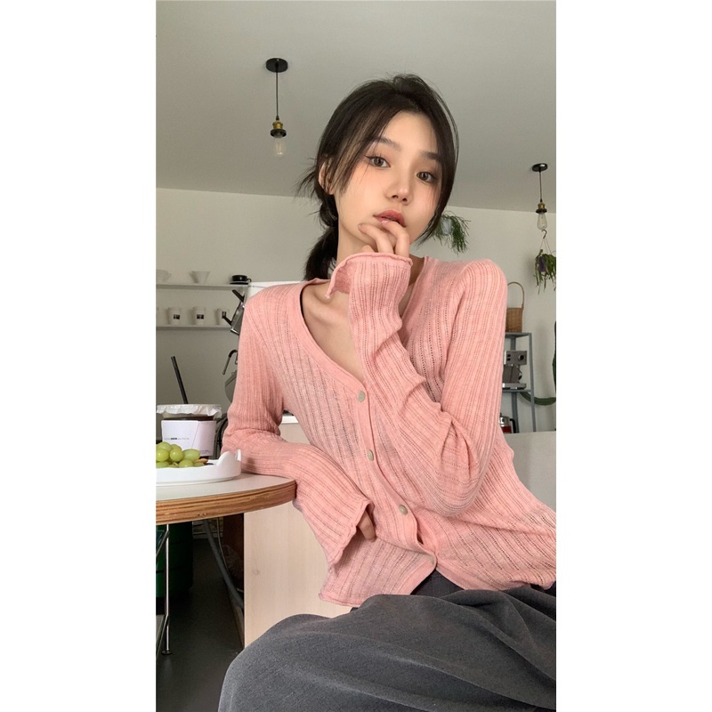 Áo Khoác Cardigan Dệt Kim Cổ Chữ V Màu Sắc Đơn Giản Cho Nữ