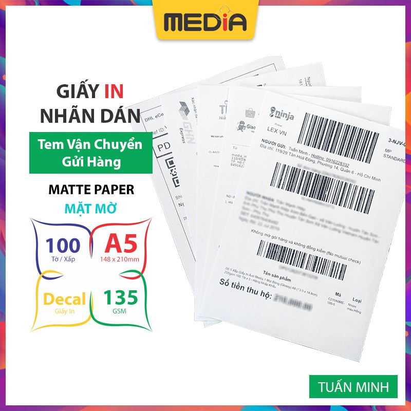 Giấy Nhãn Dán Decal Media A5 100 Tờ In Tem Vận Chuyển In Phiếu Gửi Hàng Dùng Cho Máy In Laser