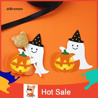 Bộ 50 thẻ giấy gắn kẹo mút in hình ma và bí ngô trang trí thủ công dịp Halloween