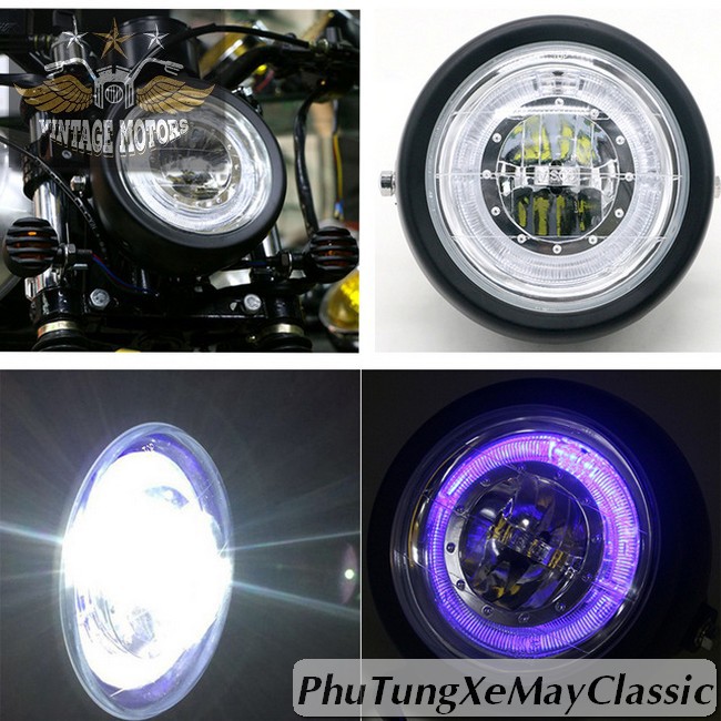 ĐÈN PHA XE MÁY ĐỘ CLASSIC - Đèn pha led viền xanh độ Cafe Racer Tracker CG125 SU GN125 Win