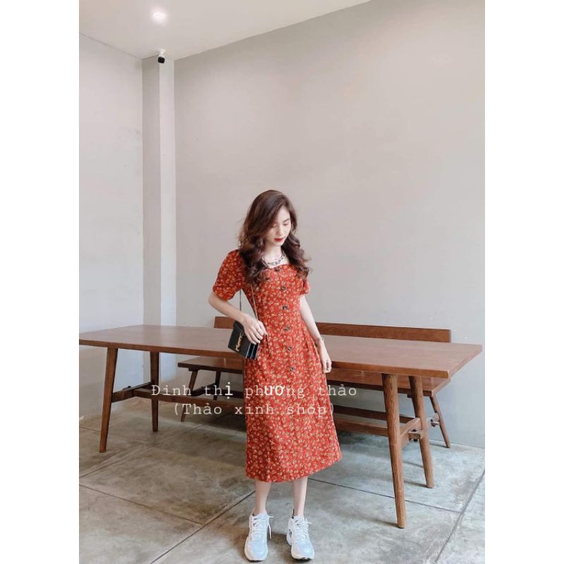 Váy hoa nhí nhung bo eo 2 màu cam đất, xanh siêu xinh