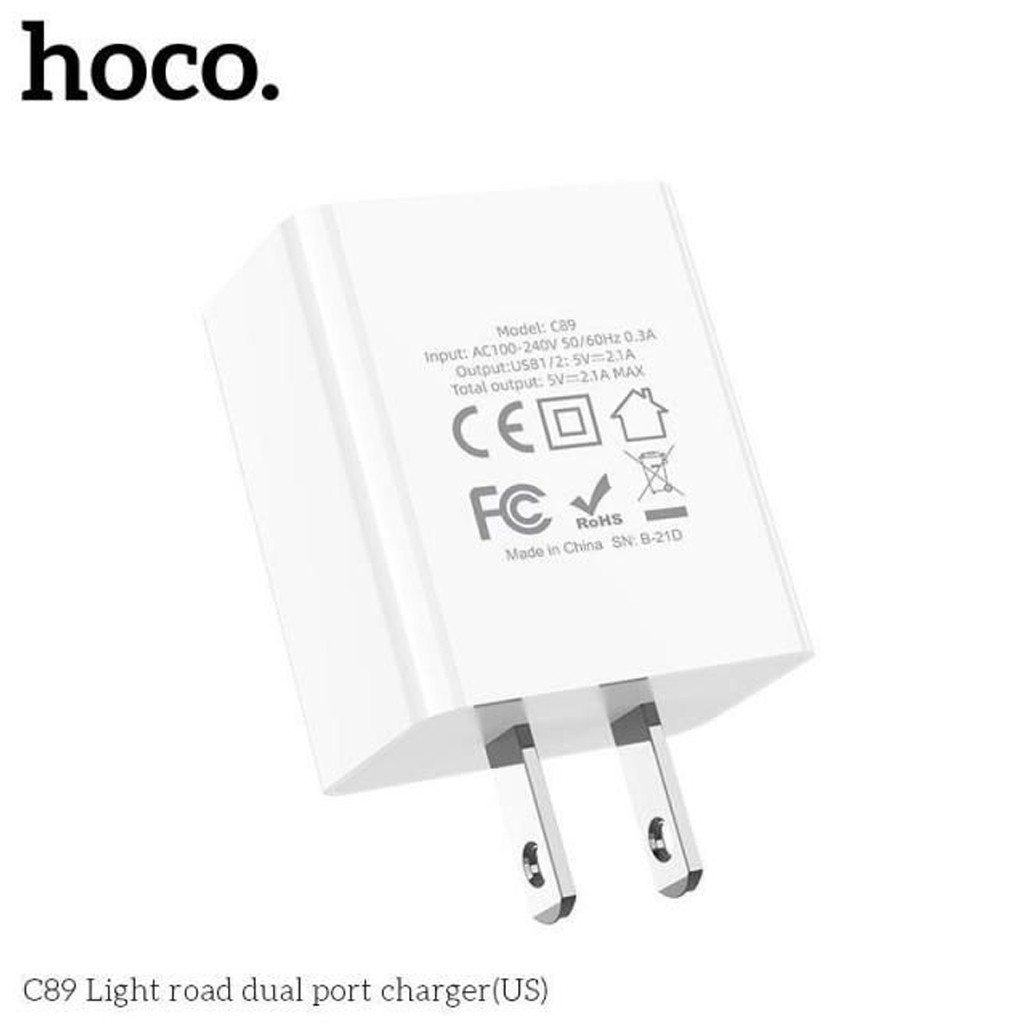 Củ sạc Hoco C89 2 cổng USB, sạc nhanh 2.1A Max, thích hợp với nhiều dòng điện thoại, chân cắm tiêu chuẩn US