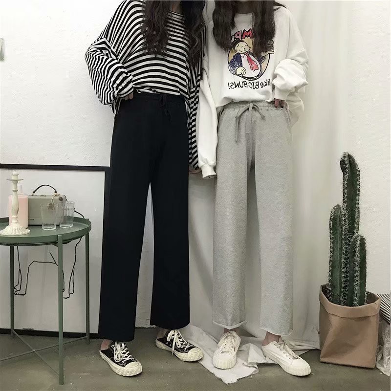 Women Casual Spring Summer Solid Color Loose Wide Leg Loose Elastic High Waist Tie Straight Casual Nine Pants