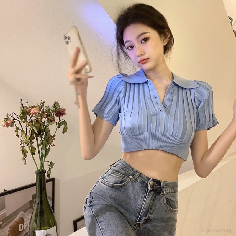 Áo Croptop Dệt Kim Màu Sắc Đơn Giản Phong Cách Hàn Quốc Cho Nữ