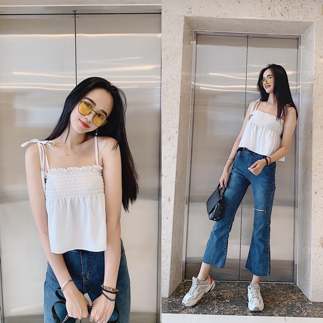 Áo croptop 2 dây nhún ngực/ ảnh thật