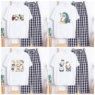 Sét Bộ Đồ Quần Ống Rộng Kẻ Caro Đen + Áo Phông Trắng Nữ Mặc Ở Nhà Đi Chơi In Họa Tiết 3D Chú Mèo Cute 25 - FANI