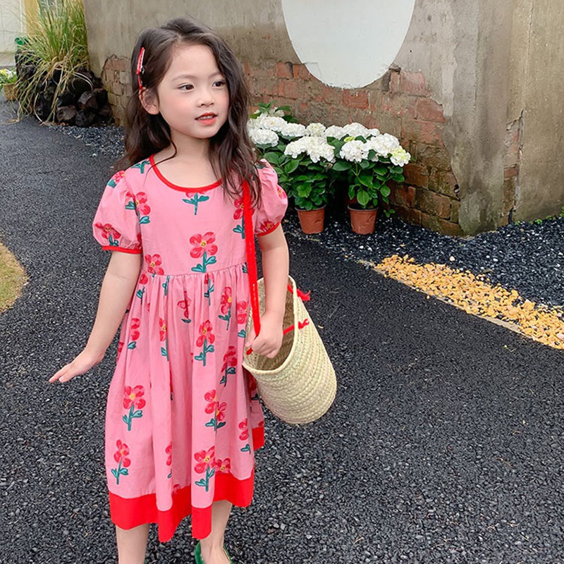 Đầm Hoa Cổ Tròn Tay Phồng Ngắn Kiểu Hàn Quốc Thời Trang Mùa Hè Xinh Xắn Cho Bé Gái