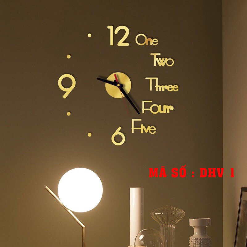 Đồng hồ 3d dán tường màu vàng siêu sang+kèm tờ hướng dẫn treo dá tường