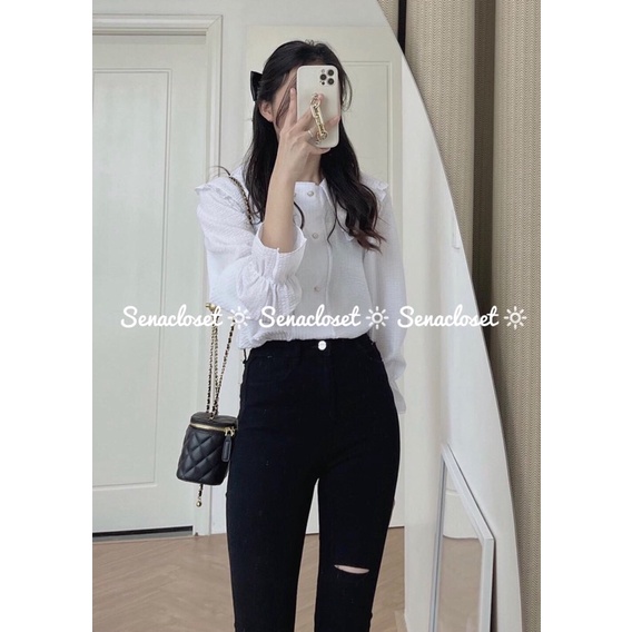 Áo sơmi xốp cổ bèo tay bo dễ thương (Ảnh thật)